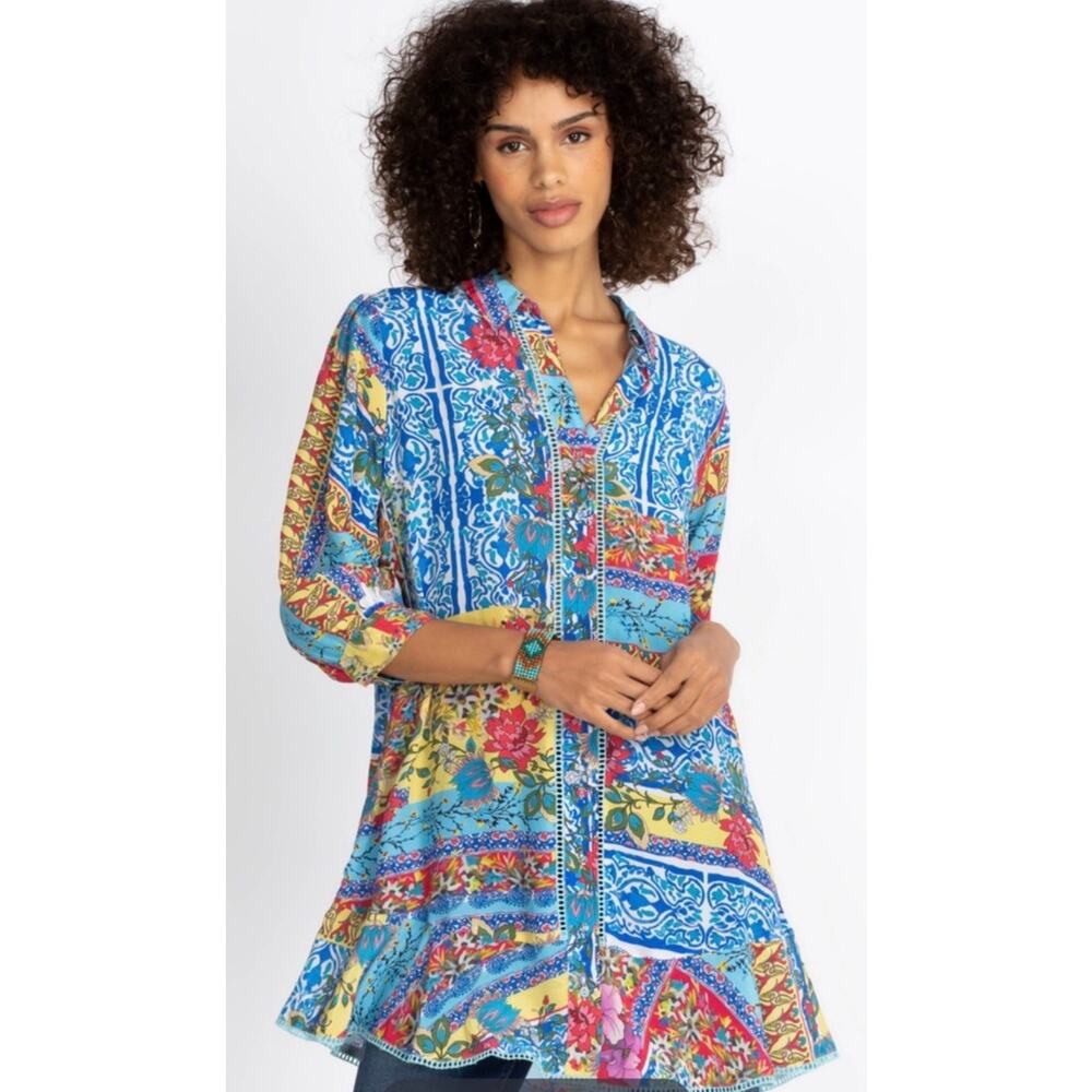 Johnny Was Size XL Mid Summer Sednea 100% Silk Patchwork Tunic Button-Up Top